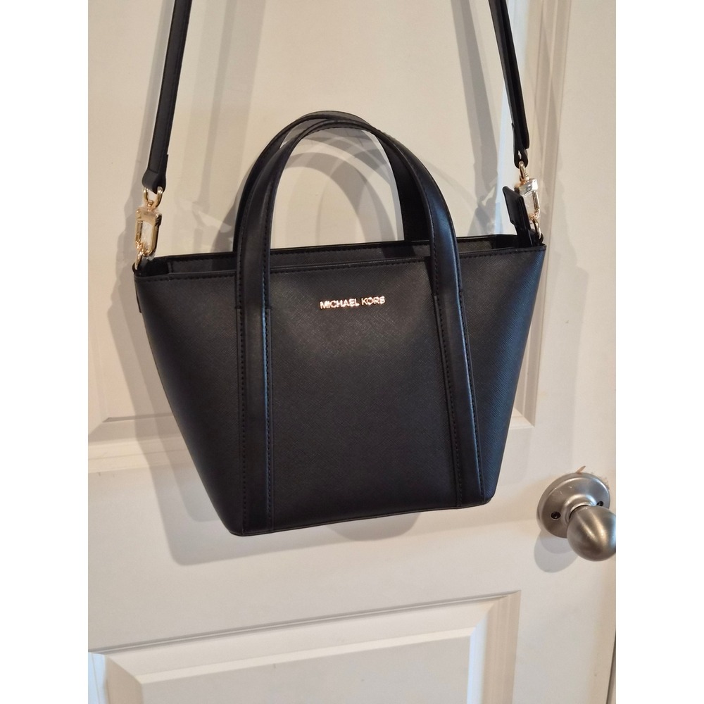 Michael Kors Black Saffiano Leather Crossbody Bag Gold Hardware Trapeze Tote